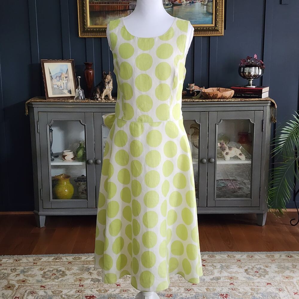 Talbots Linen Polka Dot Tie Back Dress Sz 8 Preppy Coquette Polished